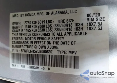 2020 Honda Odyssey Ex from USA, damaged, VIN 5FNRL6H52LB065892